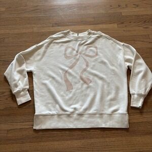 Aerie Cream Oversized Bow Graphic Sweatshirt XXS Pearl Keyhole Back Pullover